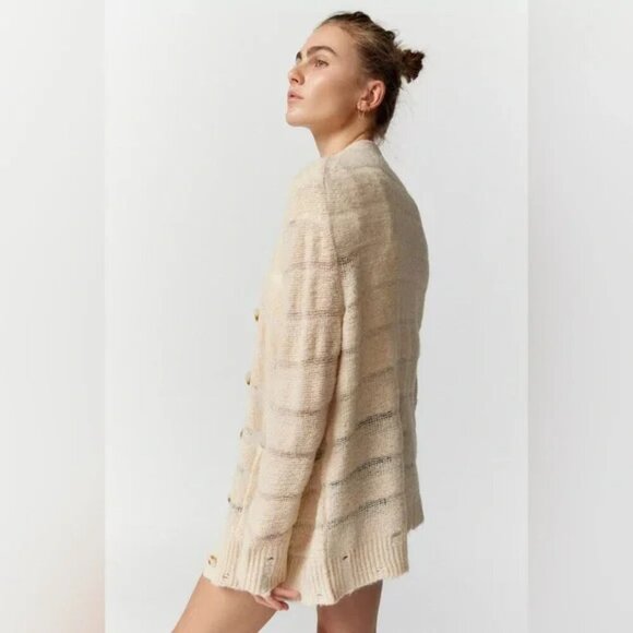 UO Urban Outfitters Alston Laddered Knit Cardigan Cream Size Small - Picture 3 of 8